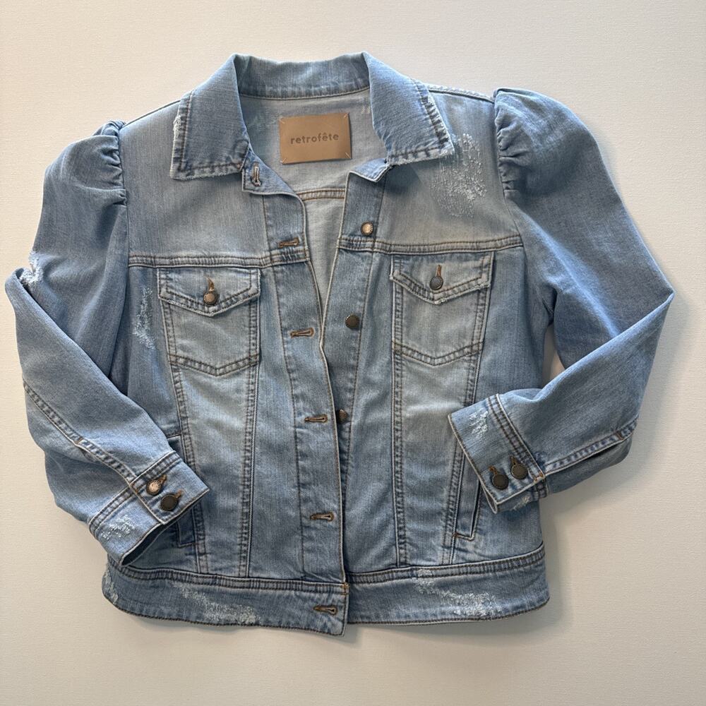 Retrofete Ada Puff Sleeve Denim Jacket Light Blue Stretch Cotton Size Small